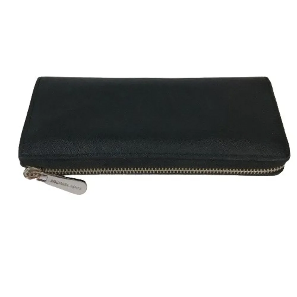 Michael Kors Jet Set Zip Wallet Black Saffiano Leather w/Silver Full Size Long